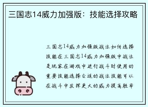 三国志14威力加强版：技能选择攻略